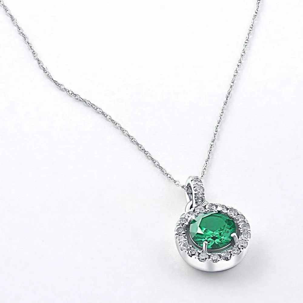 1 1/2Ct Emerald Diamond Halo Pendant Women's 10k White Gold Necklace 18