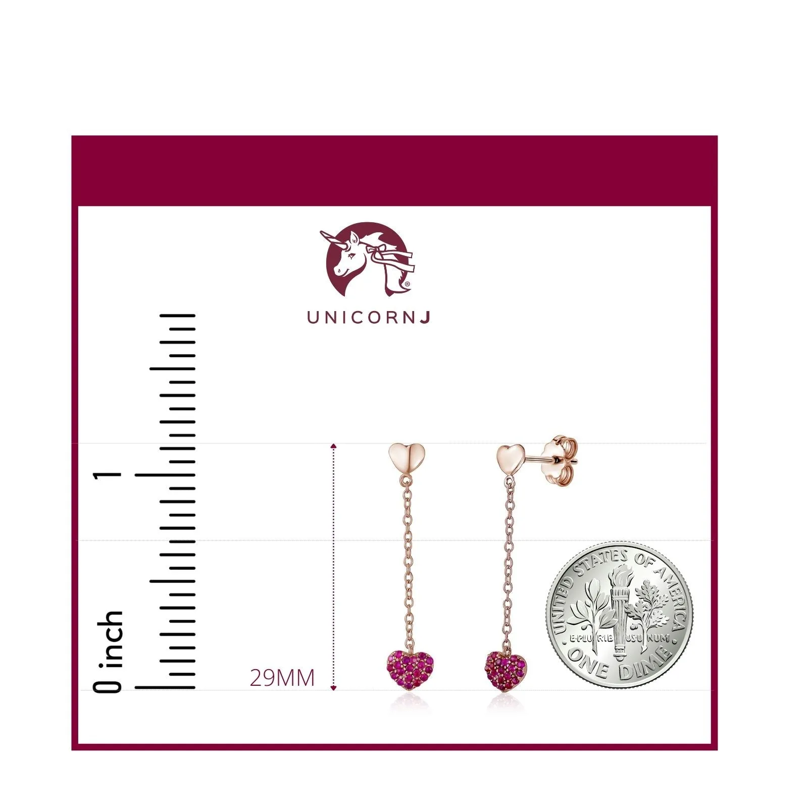 14K Yellow Gold Double Heart Earring Drop Dangle Simulated Ruby Red for Girls and Women Italy