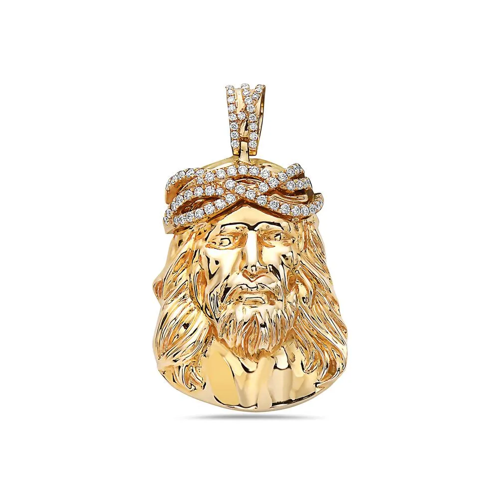 14K Yellow Gold Jesus Head Women's Pendant with 1.38CT Diamonds