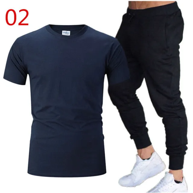 2Pieces Sets Men Casual Fitness Sport Suit Short Sleeve t Shirt+ Trousers