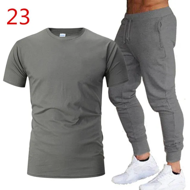 2Pieces Sets Men Casual Fitness Sport Suit Short Sleeve t Shirt+ Trousers