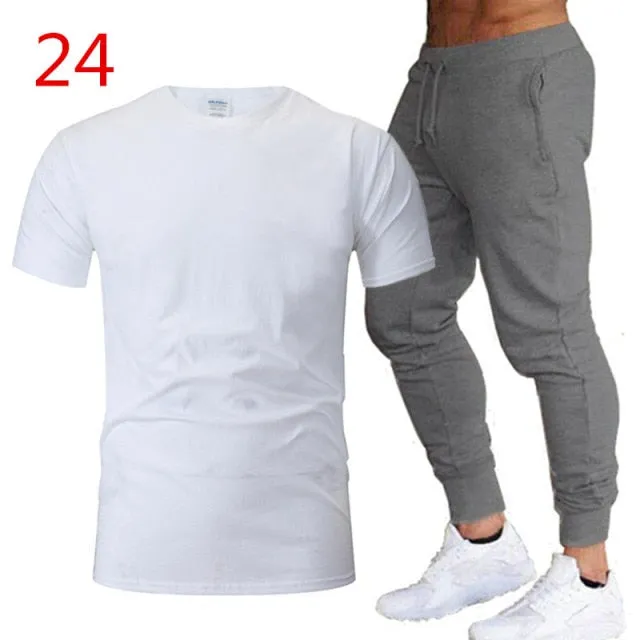 2Pieces Sets Men Casual Fitness Sport Suit Short Sleeve t Shirt+ Trousers