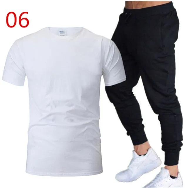 2Pieces Sets Men Casual Fitness Sport Suit Short Sleeve t Shirt+ Trousers