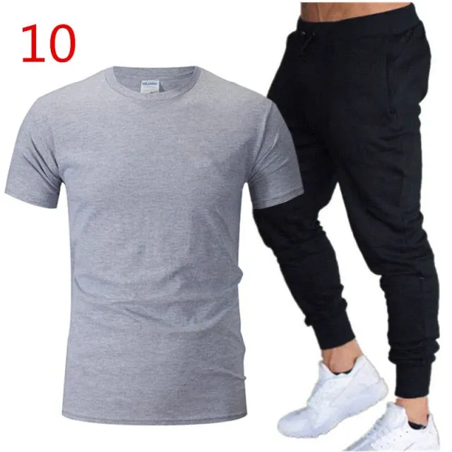 2Pieces Sets Men Casual Fitness Sport Suit Short Sleeve t Shirt+ Trousers