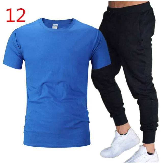 2Pieces Sets Men Casual Fitness Sport Suit Short Sleeve t Shirt+ Trousers