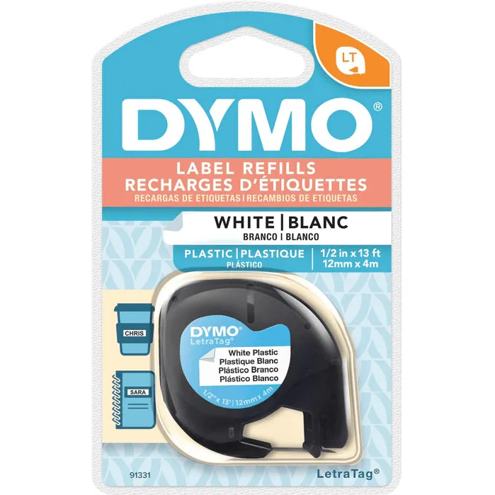 5 Pack Dymo 91331 Letratag Plastic Labelling Tape Refill 12mm Black On White