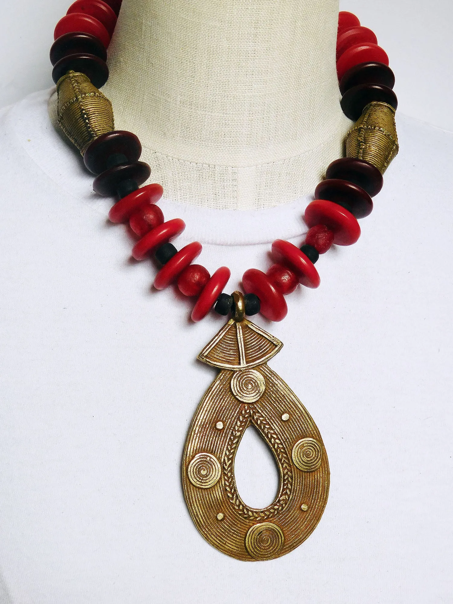 African Necklaces Large Jewelry Fashion Ethnic Tribal Red Brass Burgundy Women