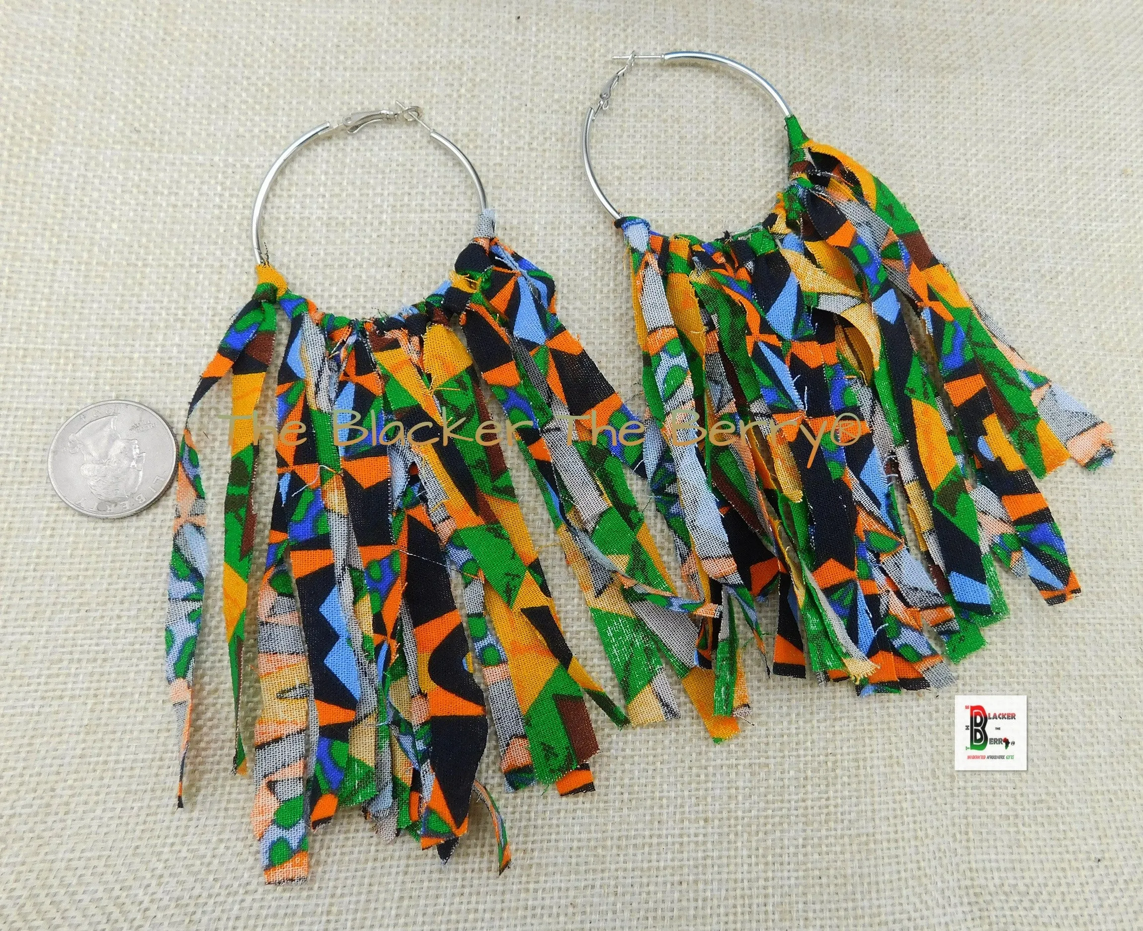 Ankara Earrings African Fringe Jewelry Blue Green Orange Handmade Black Owned