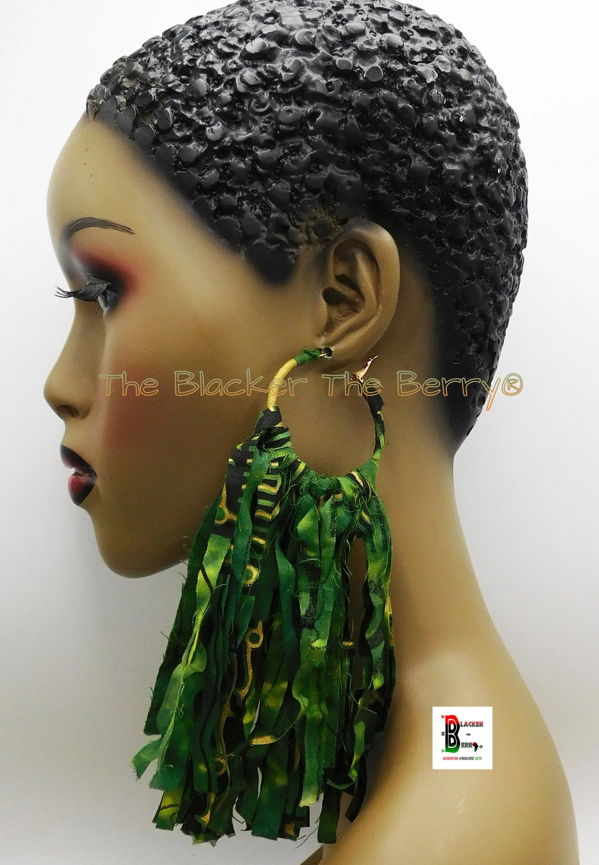 Ankara Earrings African Fringe Jewelry Green Black Gold Handmade Black Owned