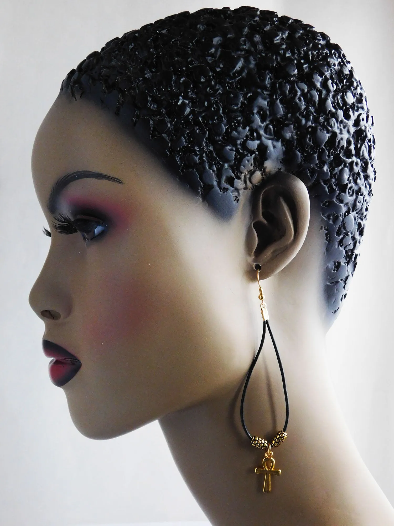 Ankh Earrings Leather Gold Jewelry Long Dangle