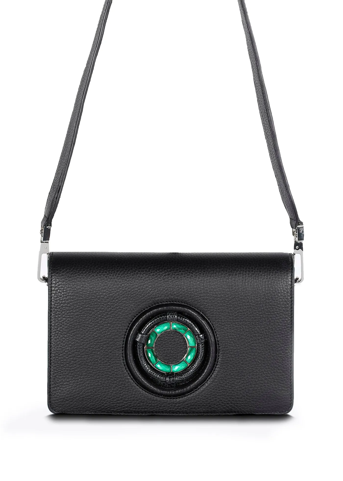 Anna Convertible Crossbody, Black Leather, Malachite