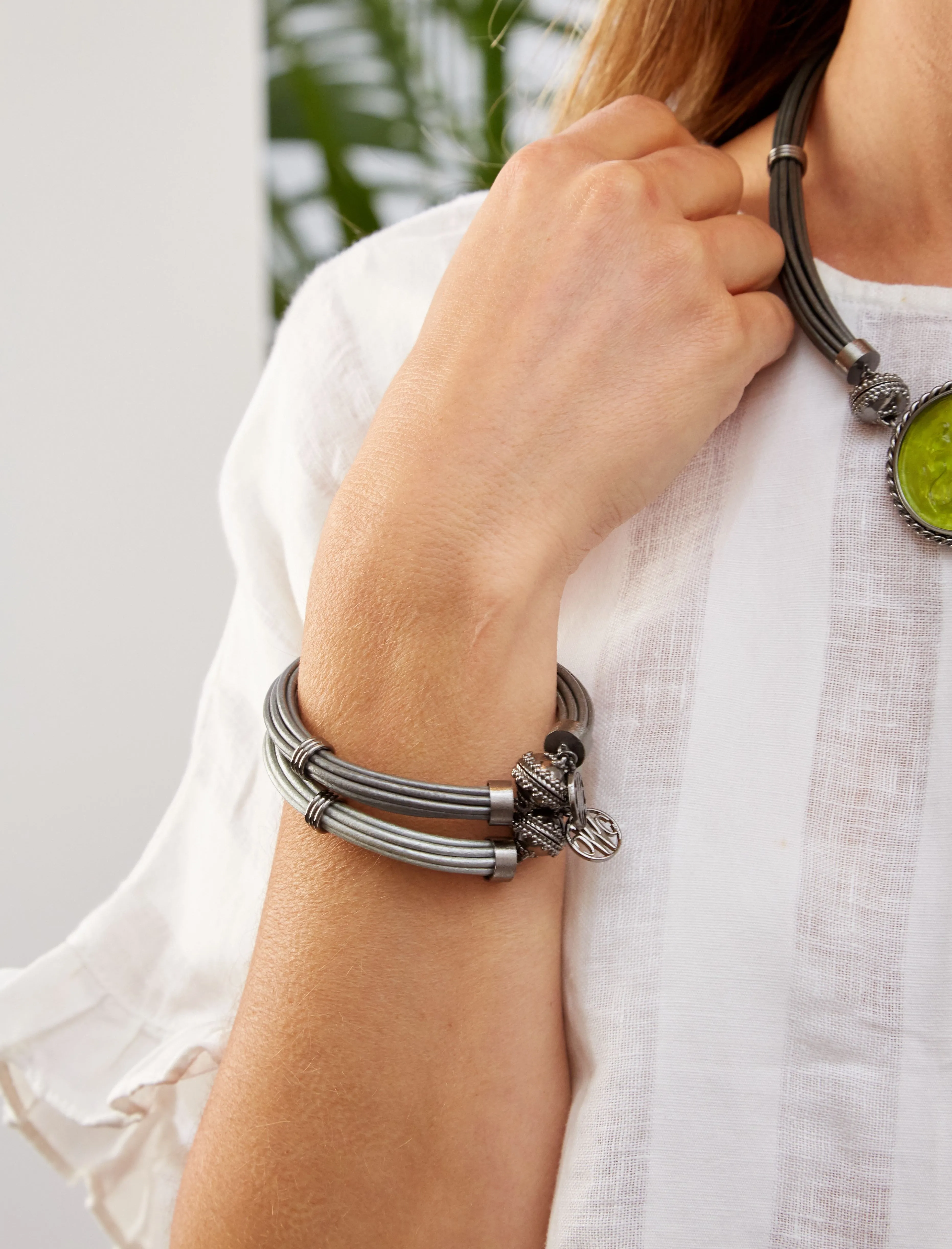 Aspen Leather Platinum Gunmetal Bracelet