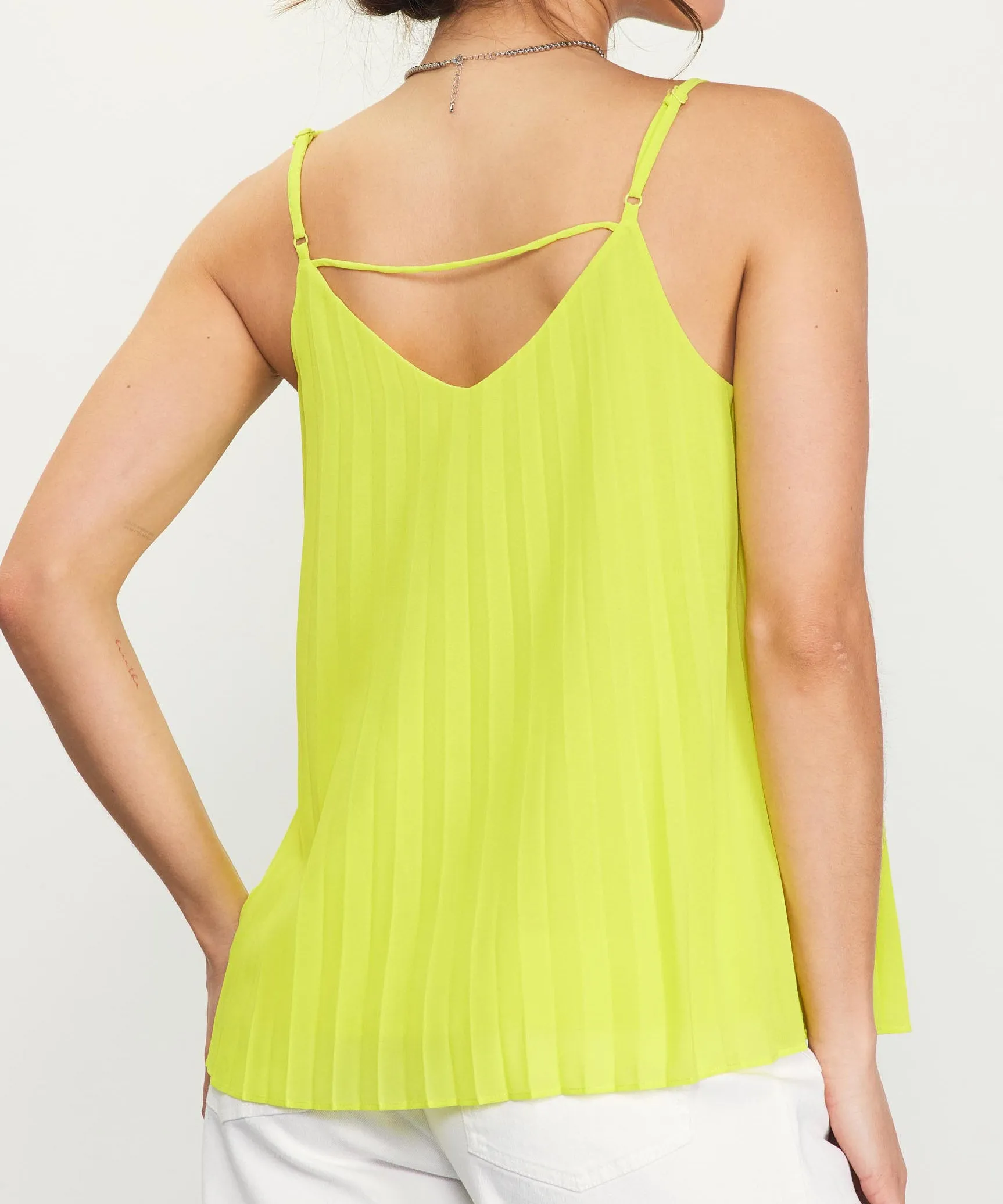 Back Strap Detail Pleated Cami Top - Lime Yellow