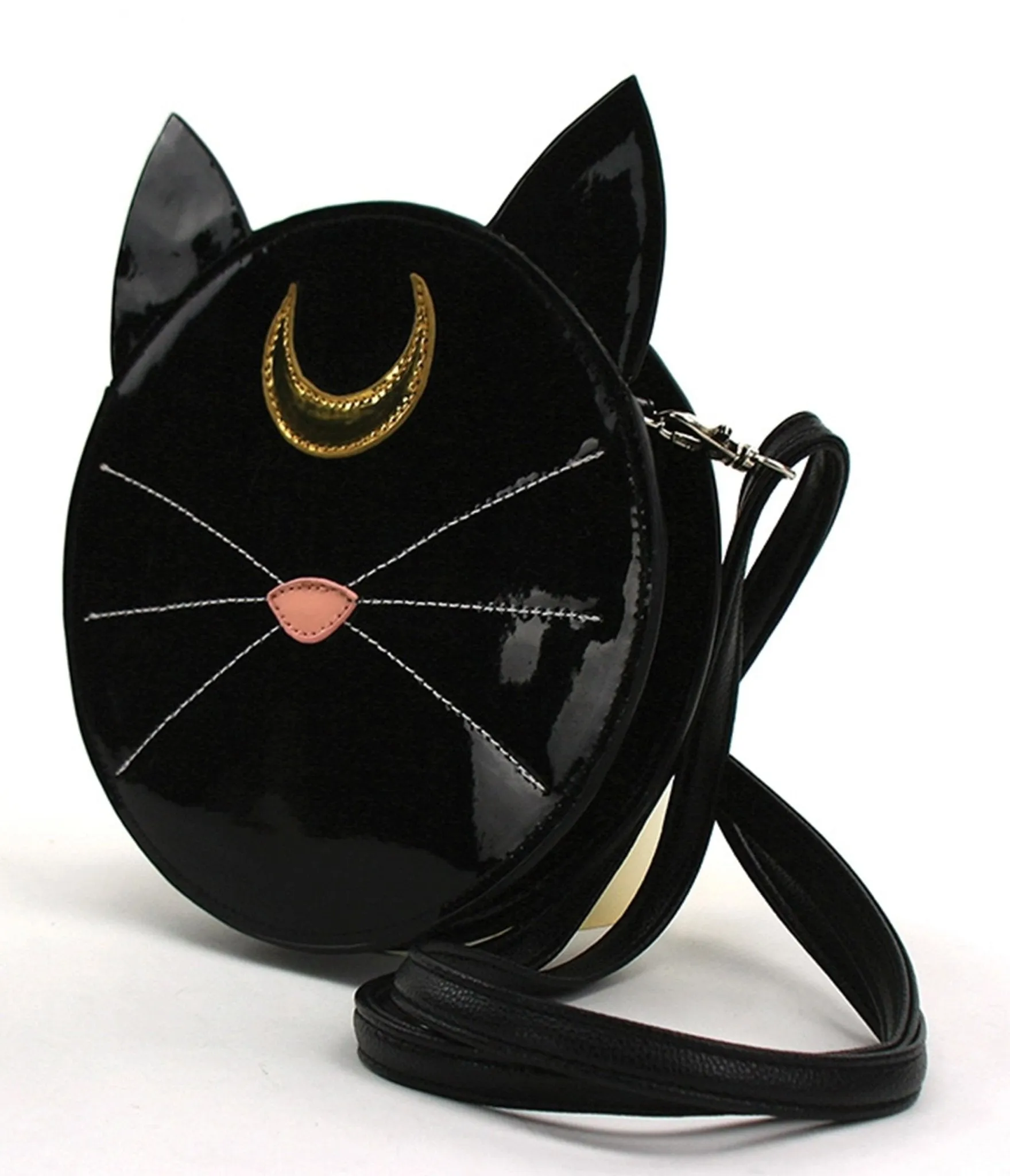 Black Patent Leatherette Mystical Black Cat Face Crossbody Bag