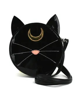 Black Patent Leatherette Mystical Black Cat Face Crossbody Bag