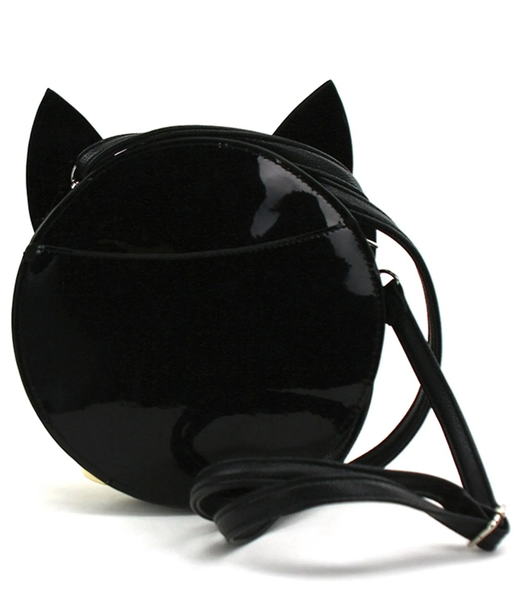 Black Patent Leatherette Mystical Black Cat Face Crossbody Bag