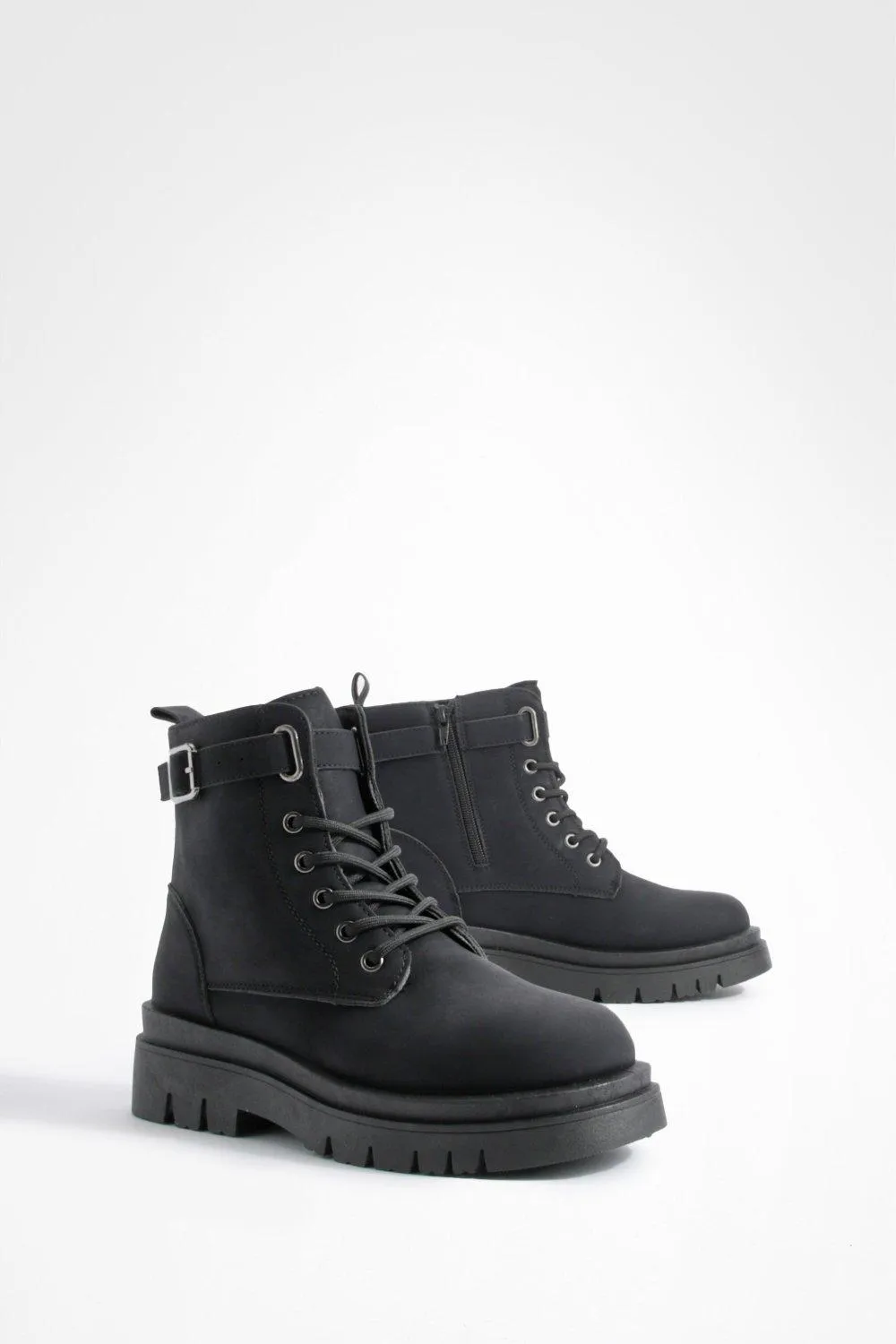 Buckle Detail Lace Up Combat Boots