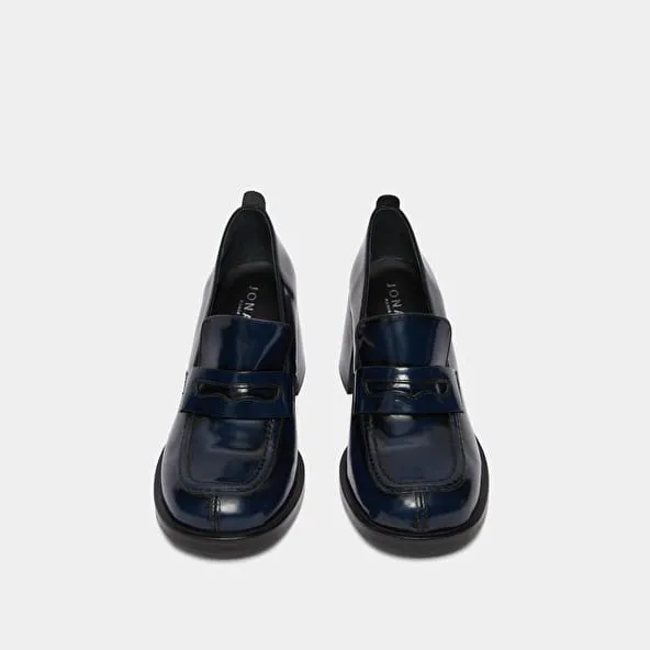 College loafers with heels in blue glazed leather