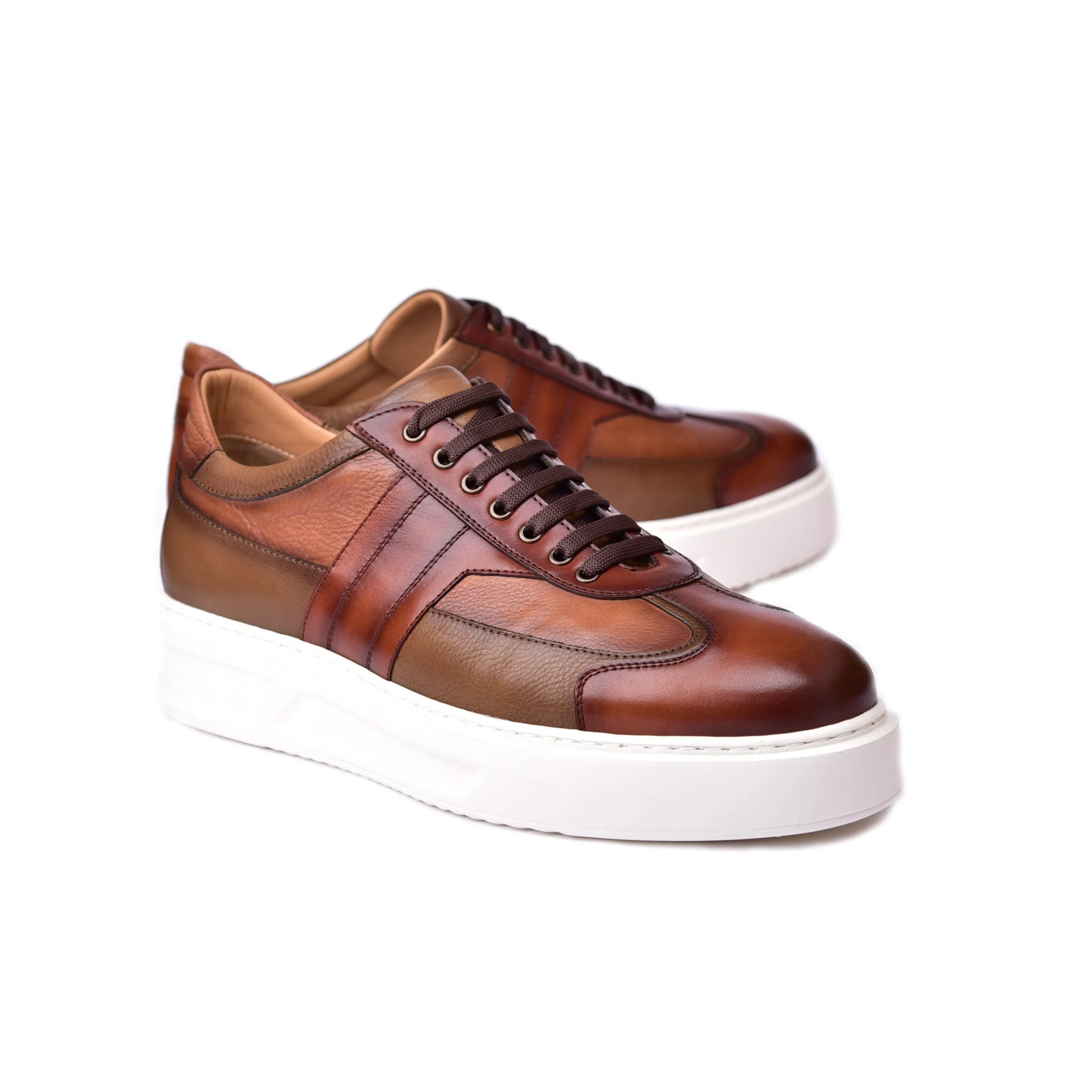 Corrente C0013013-5769 Men's Shoes Tan Combination Calf-Skin Leather Casual Sneakers (CRT1469)