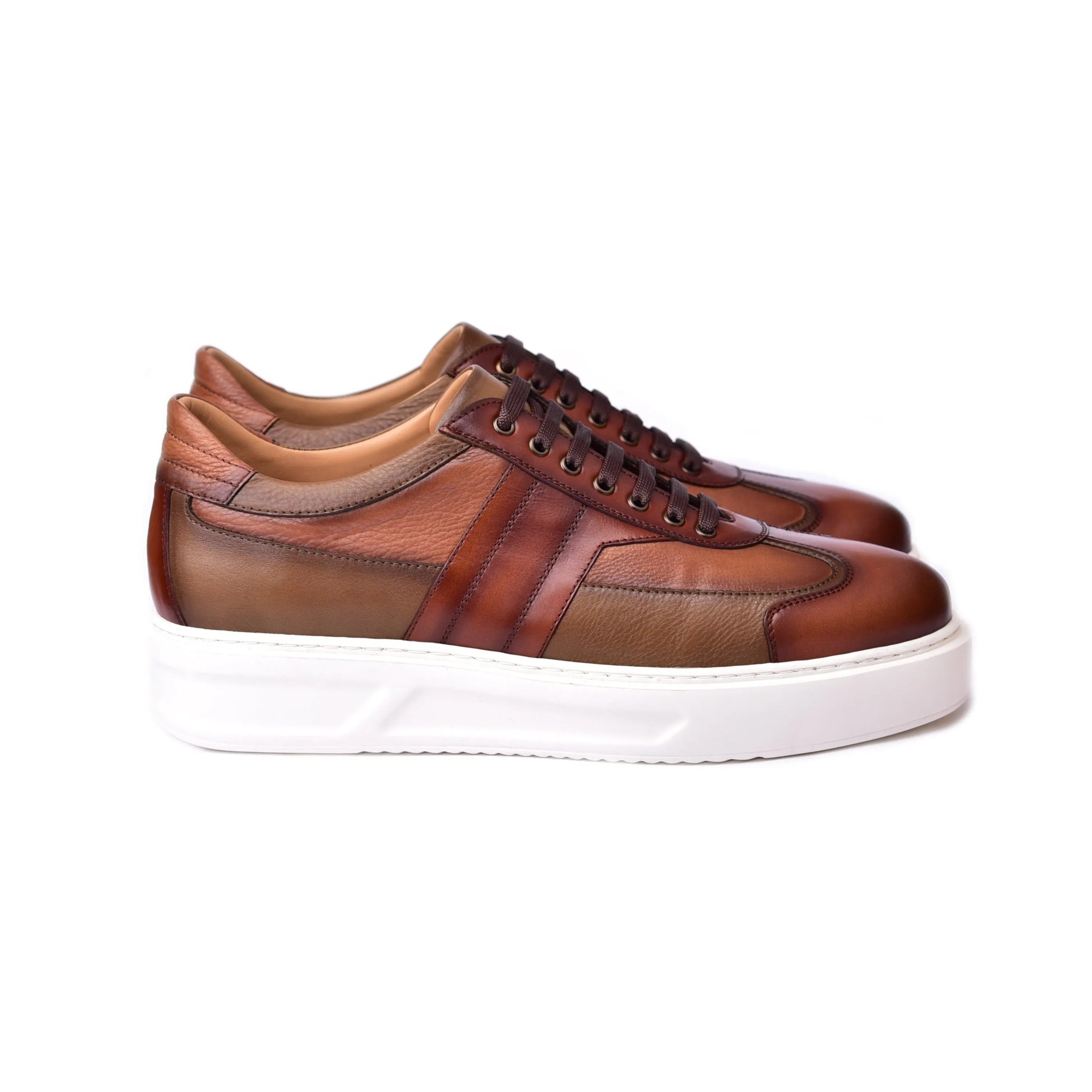 Corrente C0013013-5769 Men's Shoes Tan Combination Calf-Skin Leather Casual Sneakers (CRT1469)