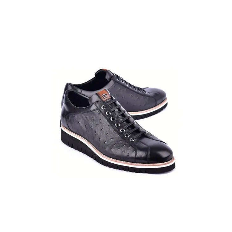 Corrente C211 4005 Men's Shoes Black Exotic Ostrich / Calf-Skin Leather Casual Sneakers (CRT1507)