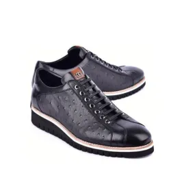 Corrente C211 4005 Men's Shoes Black Exotic Ostrich / Calf-Skin Leather Casual Sneakers (CRT1507)