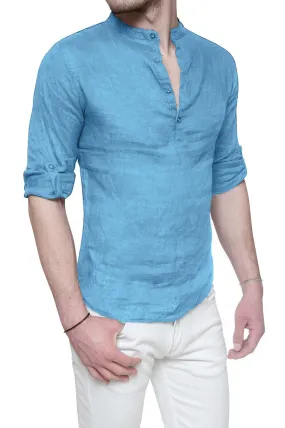 Diamond camicia di lino uomo Serafino estiva celeste casual collo alla coreana