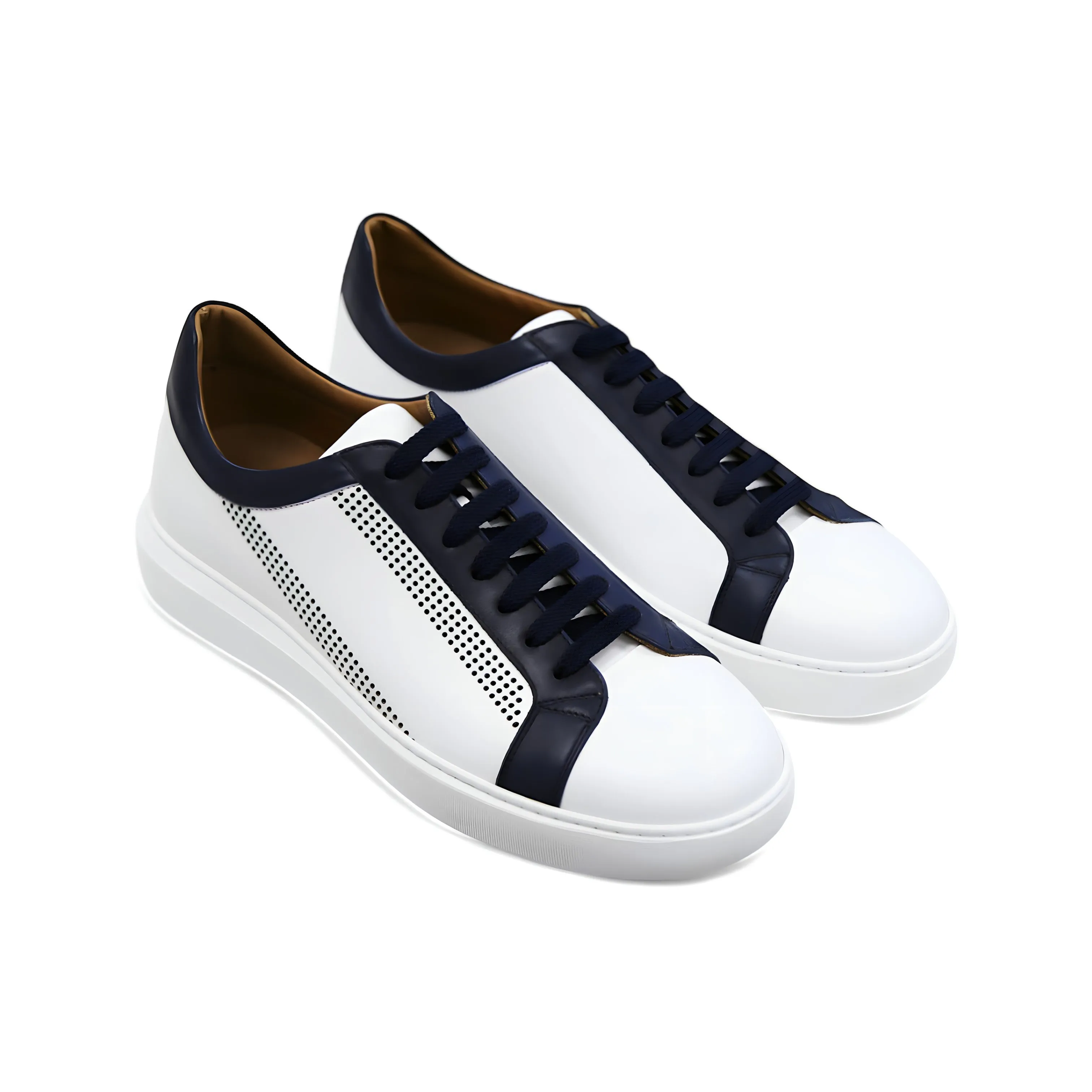 Donatello Deron Men's Shoes White & Blue Calf-Skin Leather Casual Sneakers (DON1001)