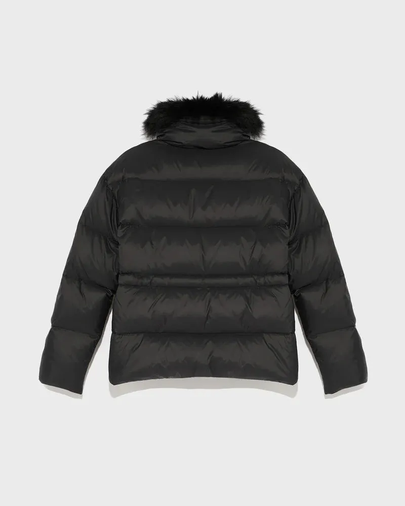 DOWN JACKET WITH FLUFFY LAMBSWOOL TRIM - YVES SALOMON ARMY