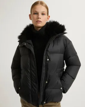 DOWN JACKET WITH FLUFFY LAMBSWOOL TRIM - YVES SALOMON ARMY