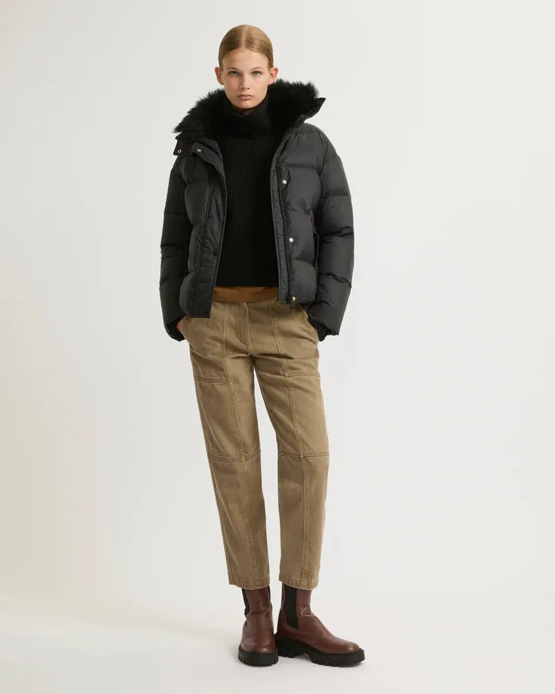 DOWN JACKET WITH FLUFFY LAMBSWOOL TRIM - YVES SALOMON ARMY