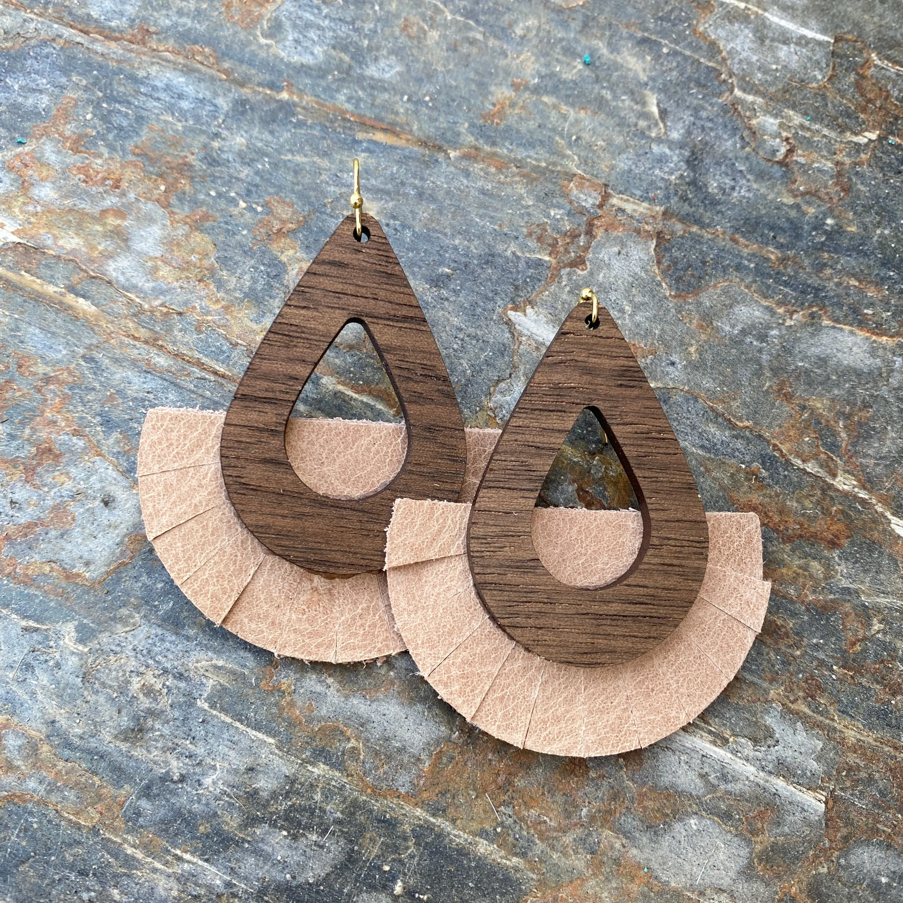 Elisa Fringe - Sand - Leather and Wood Statement Earrings