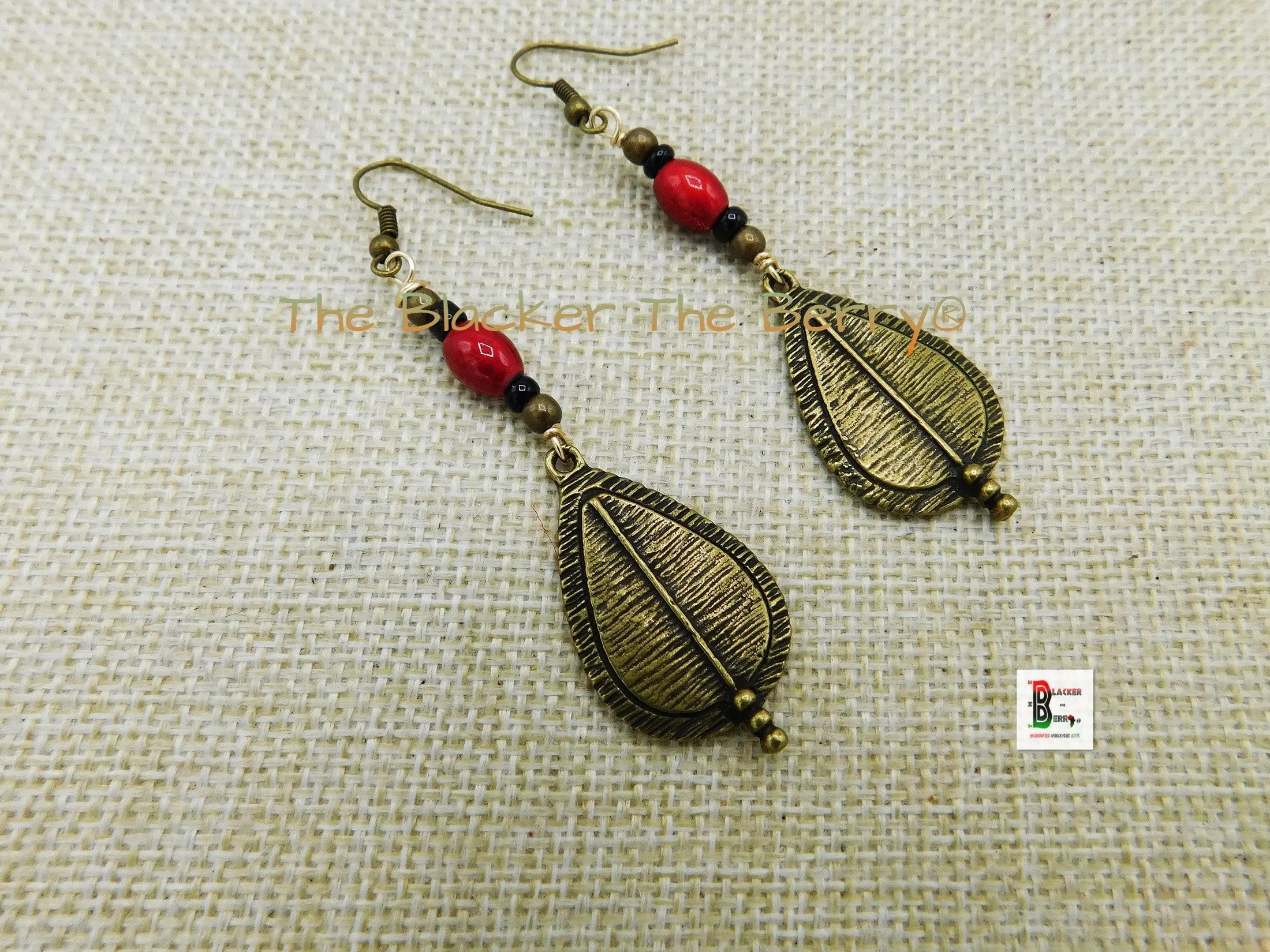 Ethnic Women Antique Gold Spear Earrings Red Brass Handmade Jewelry Black Owned