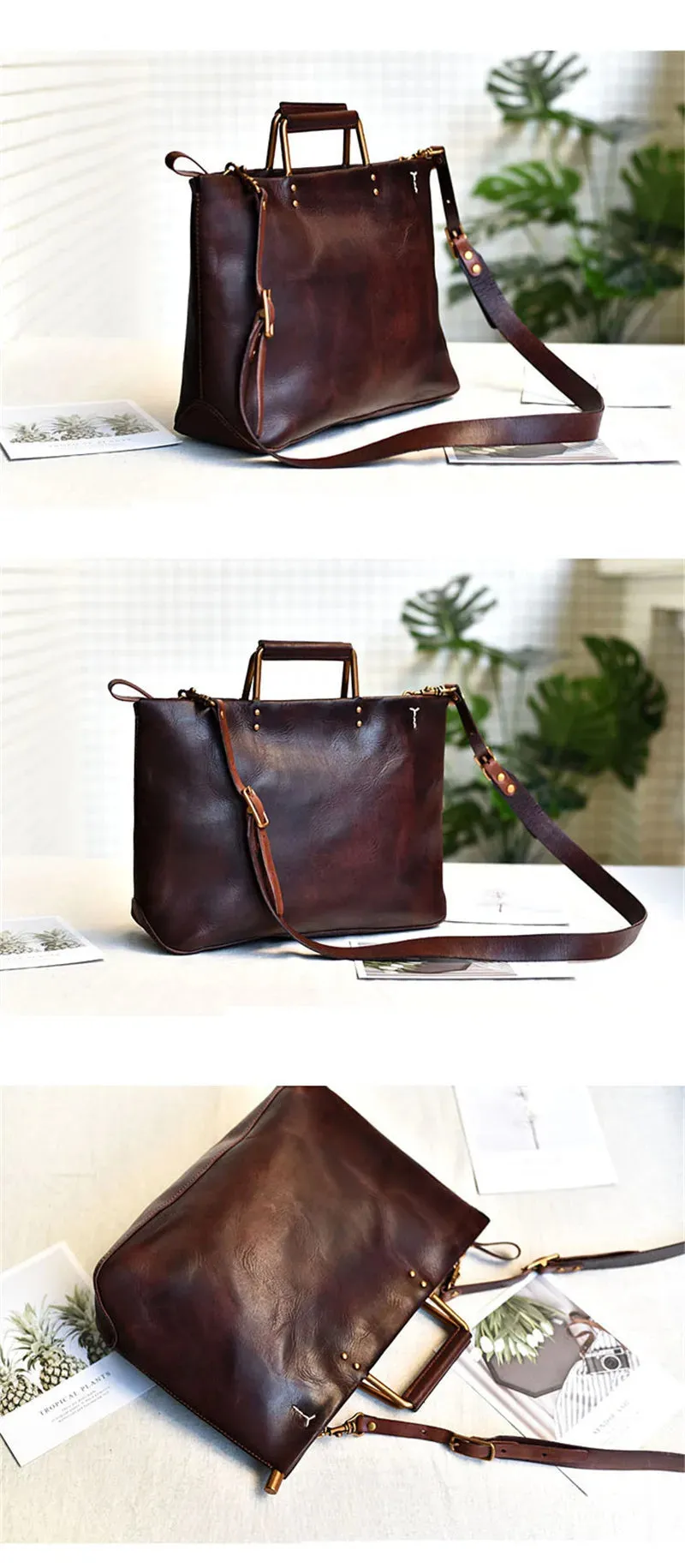 Genuine Cowhide Leather Solid Vintage Style Handbag for Women