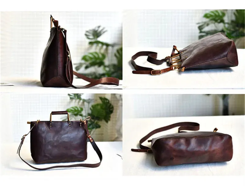 Genuine Cowhide Leather Solid Vintage Style Handbag for Women