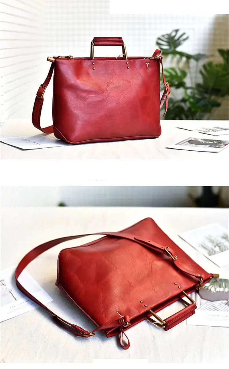 Genuine Cowhide Leather Solid Vintage Style Handbag for Women