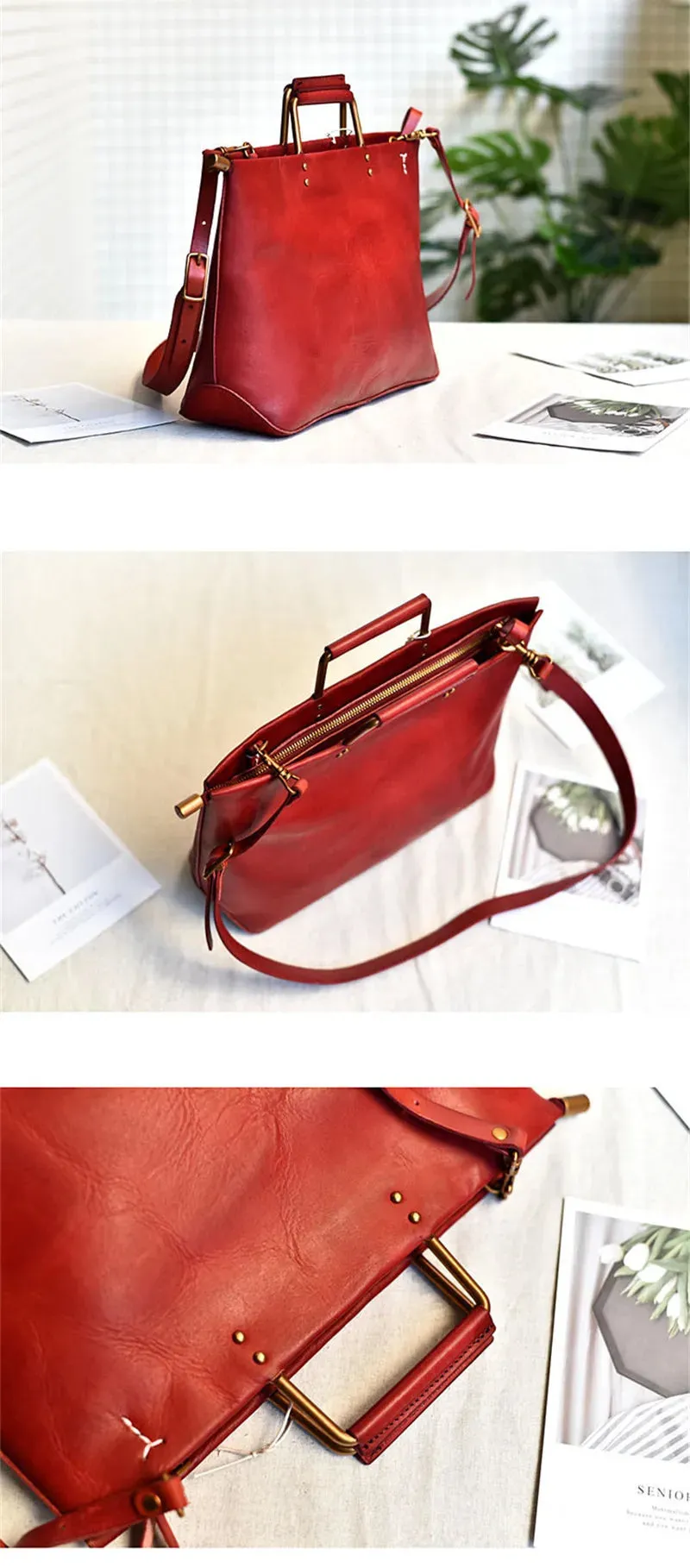 Genuine Cowhide Leather Solid Vintage Style Handbag for Women