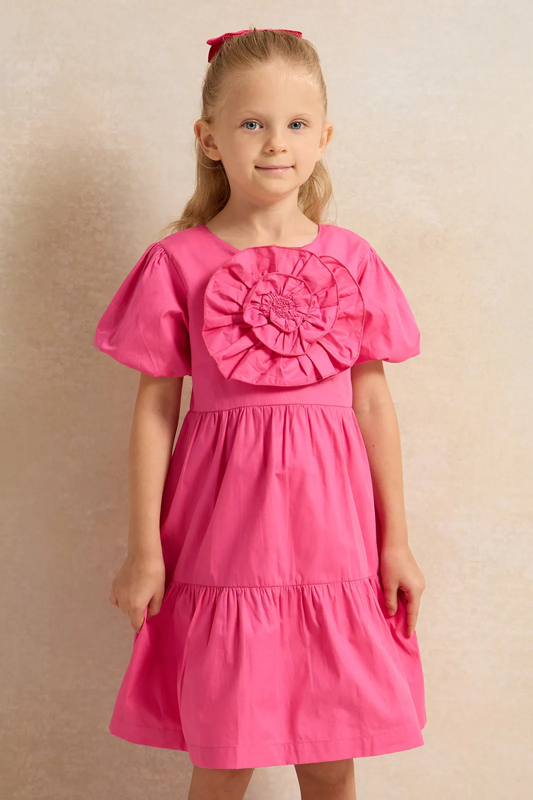 Girls Pink 3D Flower Dress With Balloon Sleeve