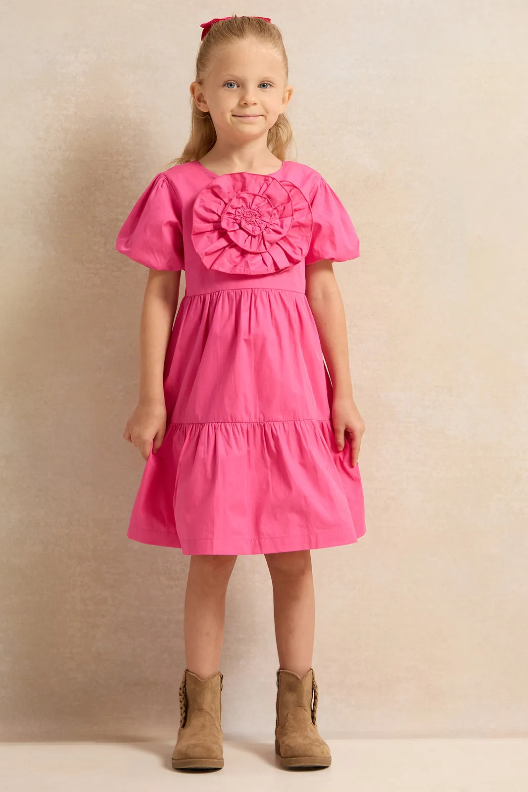 Girls Pink 3D Flower Dress With Balloon Sleeve