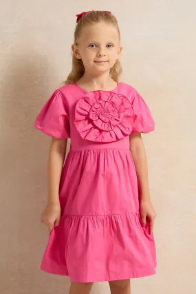 Girls Pink 3D Flower Dress With Balloon Sleeve