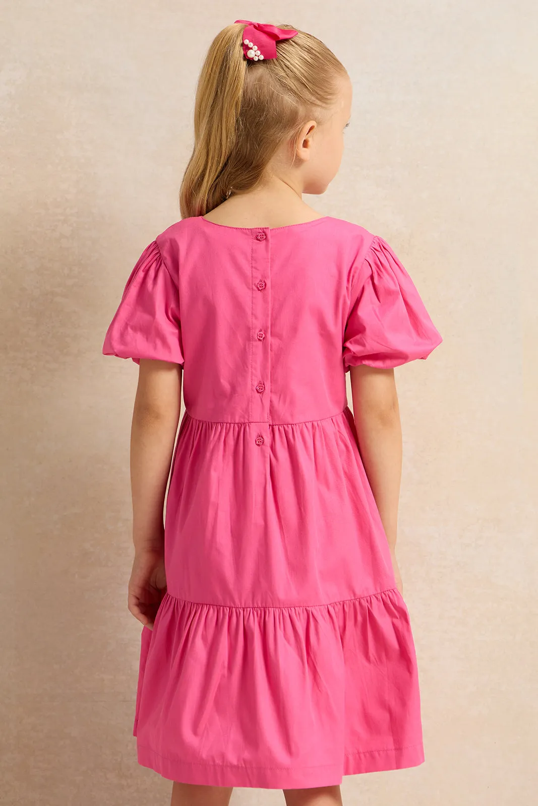 Girls Pink 3D Flower Dress With Balloon Sleeve