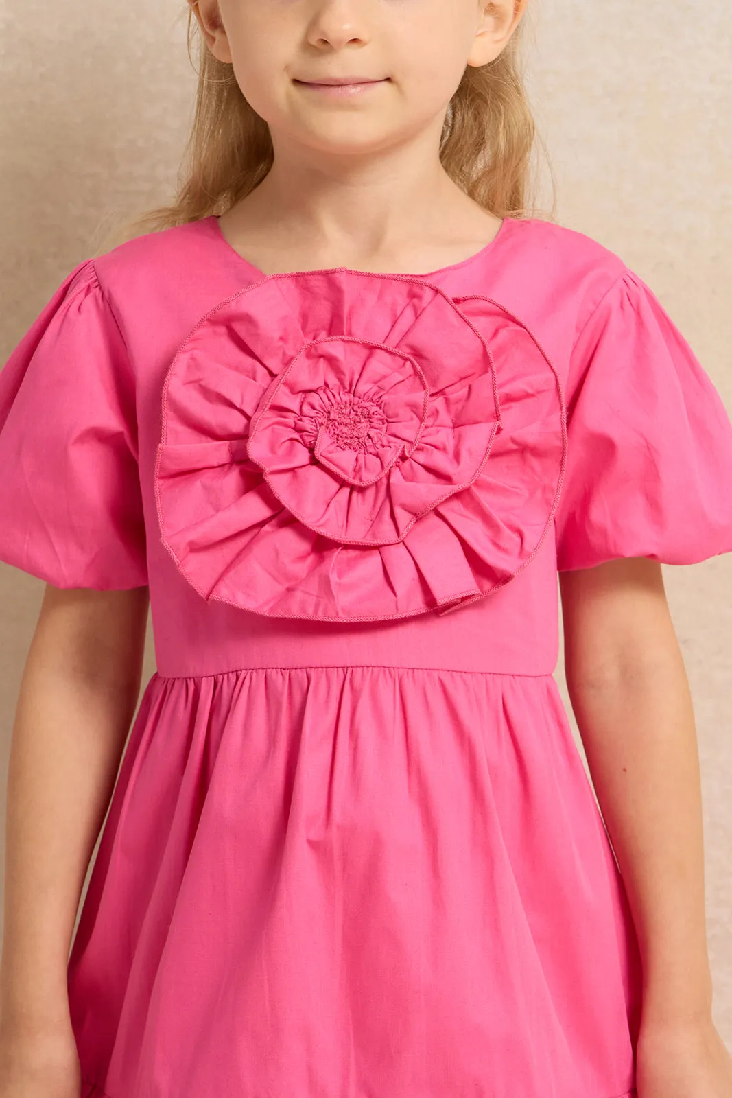 Girls Pink 3D Flower Dress With Balloon Sleeve