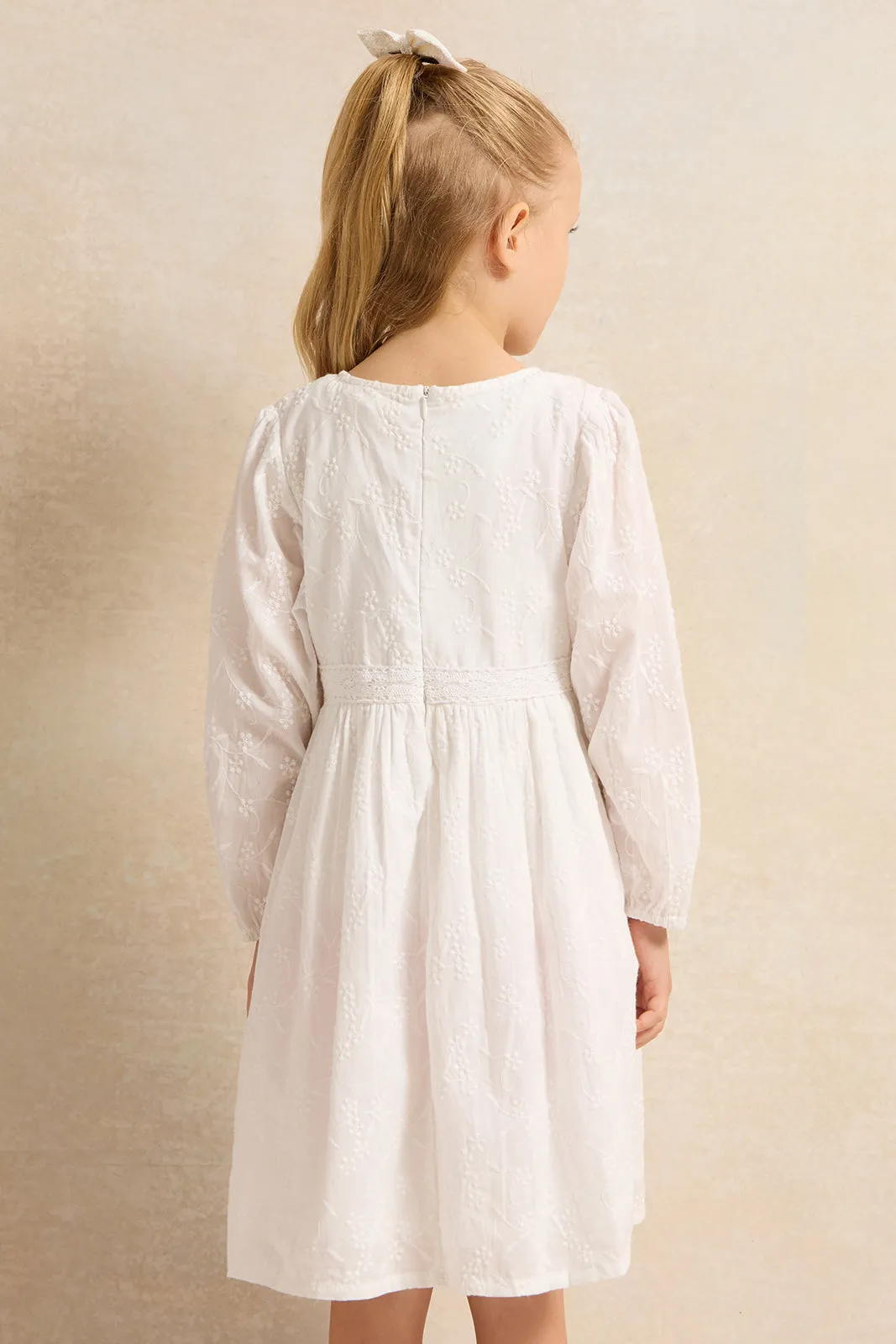 Girls White Embroidered Dress