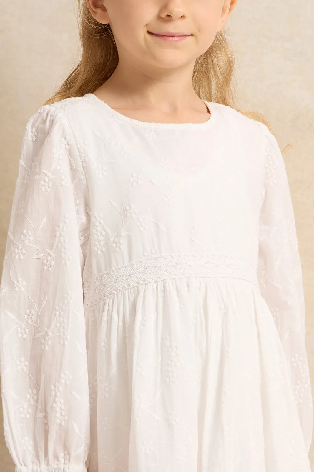 Girls White Embroidered Dress