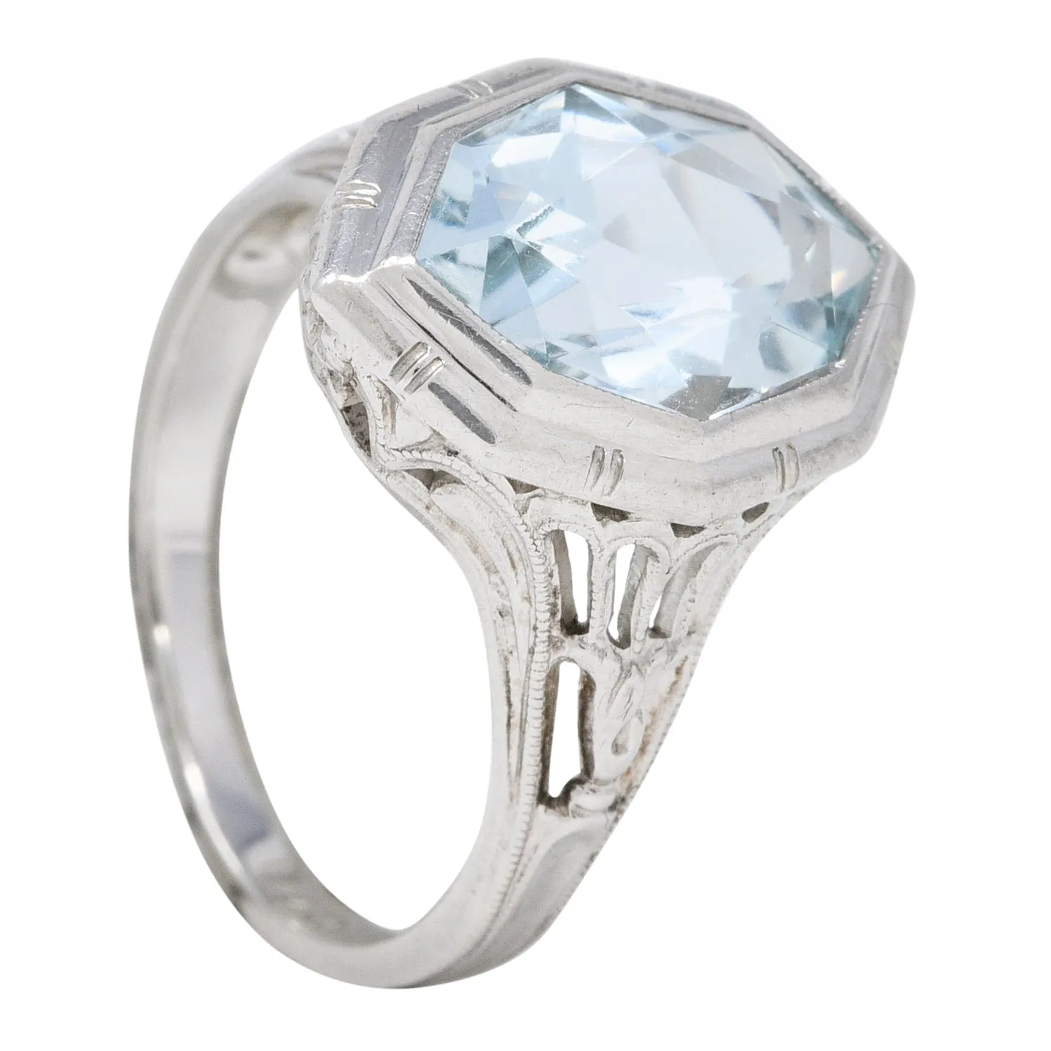 Jones & Woodland Co. Art Deco Hexagonal Cut Aquamarine 14 Karat White Gold Lily Gemstone Ring