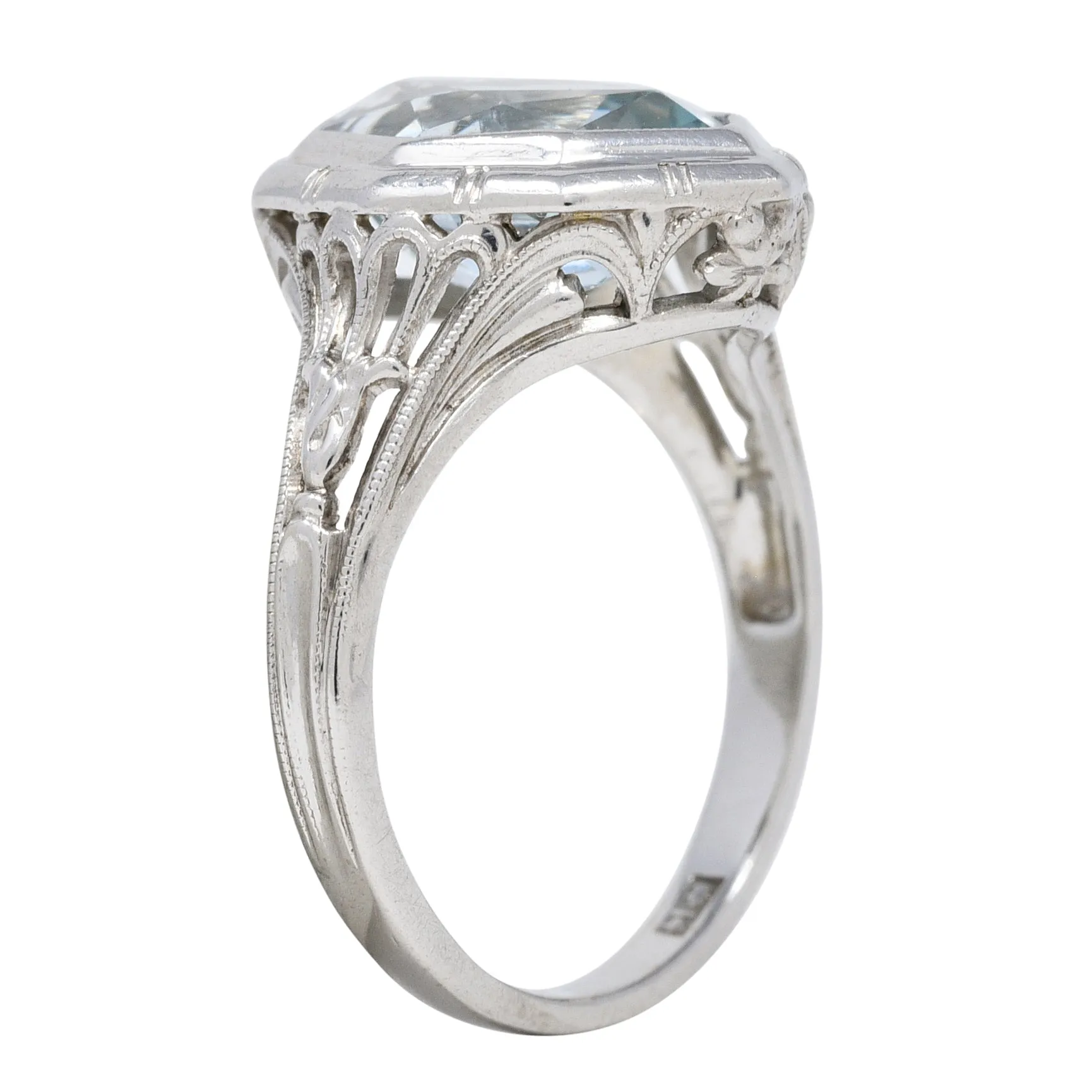 Jones & Woodland Co. Art Deco Hexagonal Cut Aquamarine 14 Karat White Gold Lily Gemstone Ring