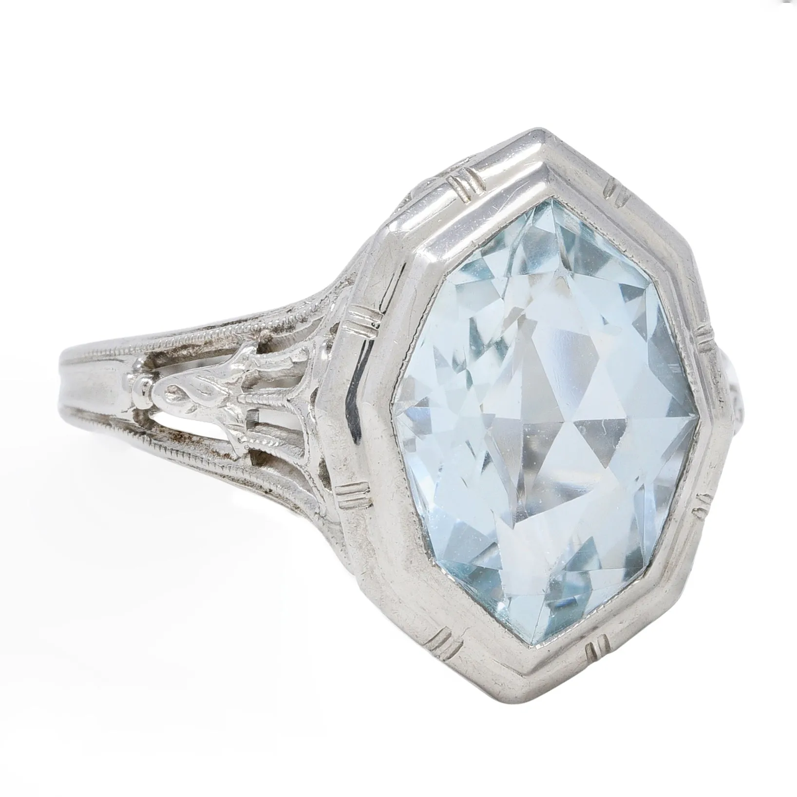 Jones & Woodland Co. Art Deco Hexagonal Cut Aquamarine 14 Karat White Gold Lily Gemstone Ring