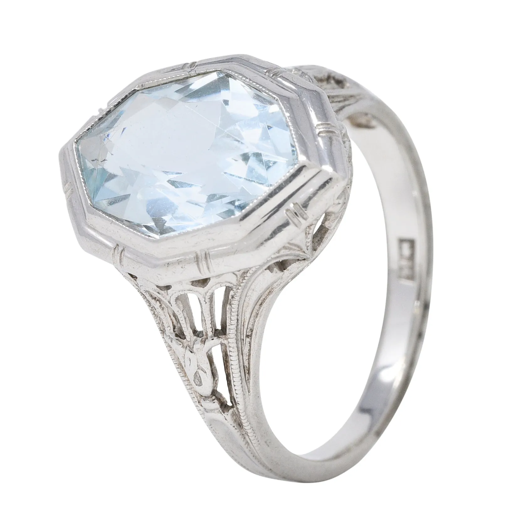 Jones & Woodland Co. Art Deco Hexagonal Cut Aquamarine 14 Karat White Gold Lily Gemstone Ring