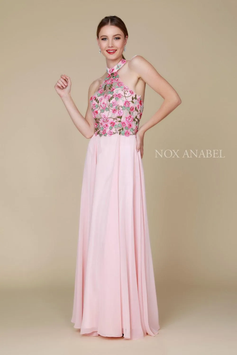 Long Halter Floral Bodice Formal Evening Gown Sale