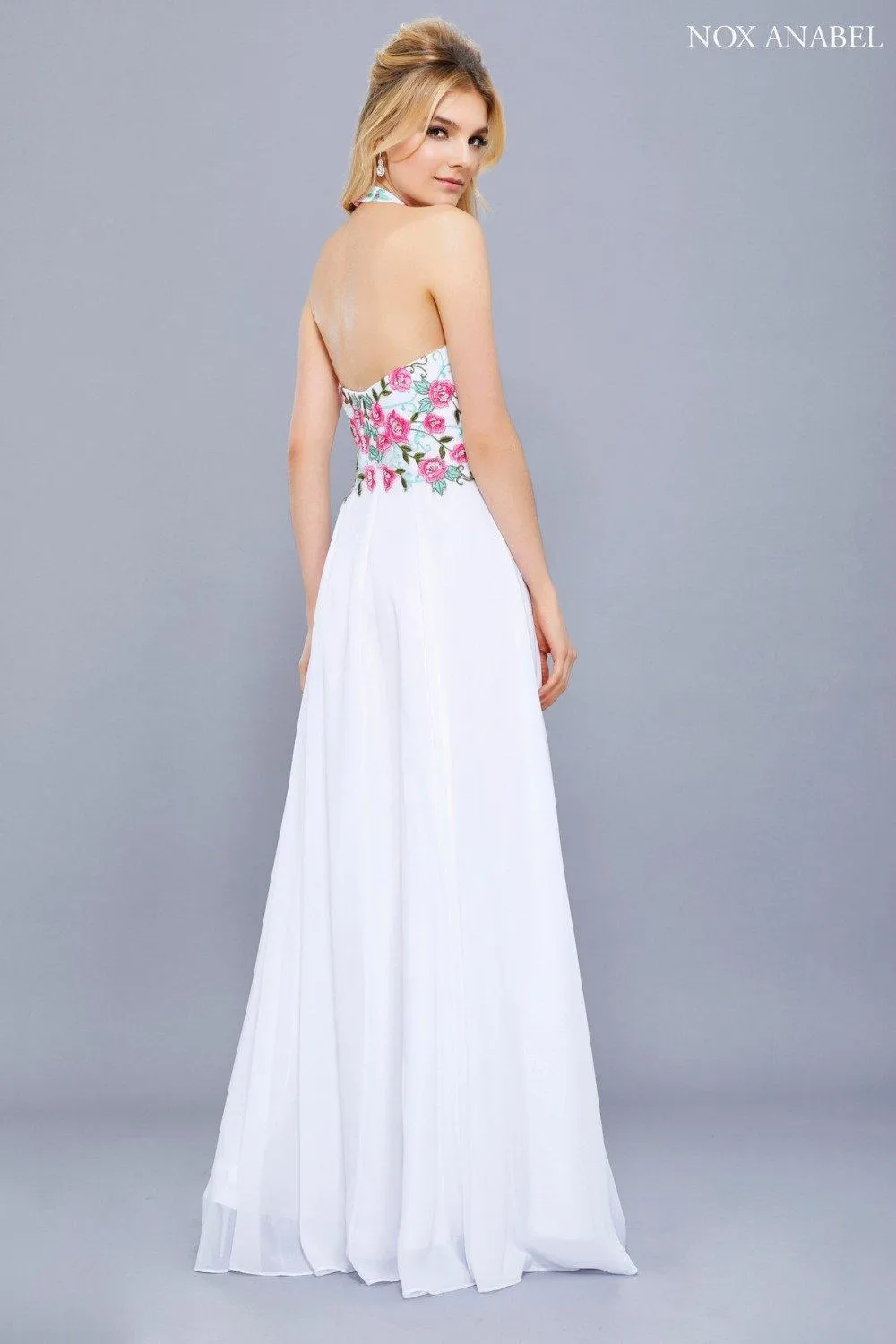 Long Halter Floral Bodice Formal Evening Gown Sale